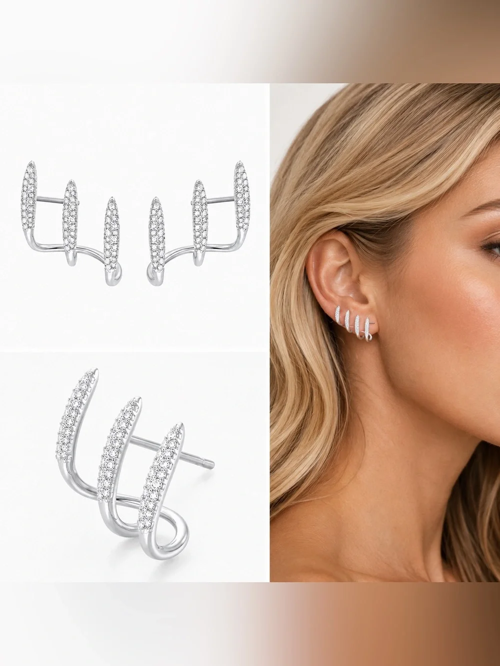 Silver Pave Crystal Triple Bar Ear Climber Stud Earrings 925 Sterling Silver